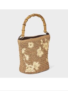 a new day Natural Straw Floral Embroidered Bucket Bag with Bamboo Handle